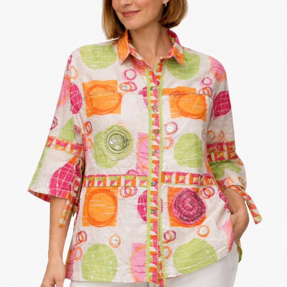 Boho Art to Wear Kimono Jacket Womens Size M/L Orange Pink Geometric Dragonfly